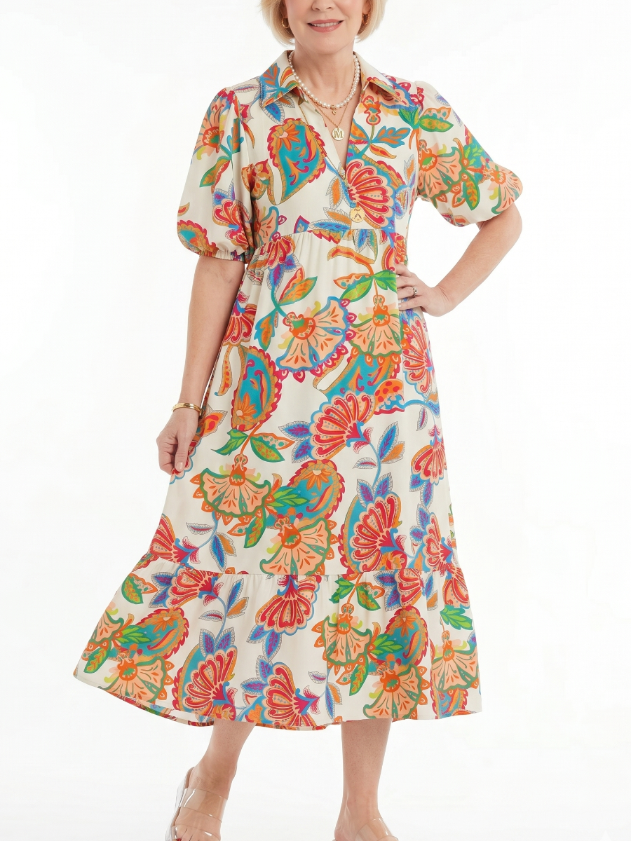 Vintage Floral V-Neck Puff Sleeve Dress