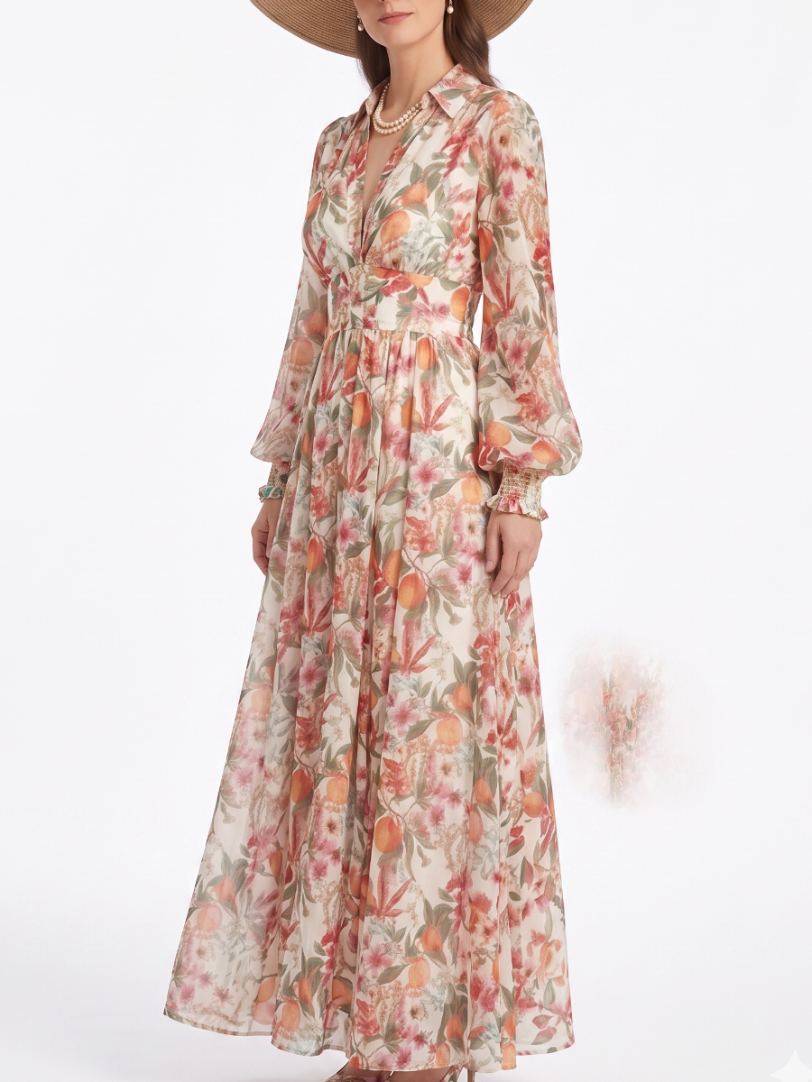 Cream Citrus & Floral Print Collared V-Neck Maxi Dress