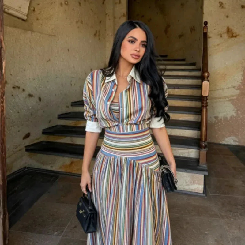 Bohemian-style colorful striped long shirt dress