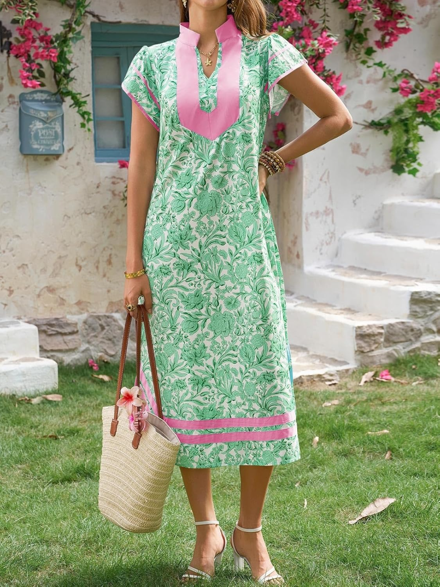 Tropical Green Floral Print V-Neck Midi Dress With Pink Accents