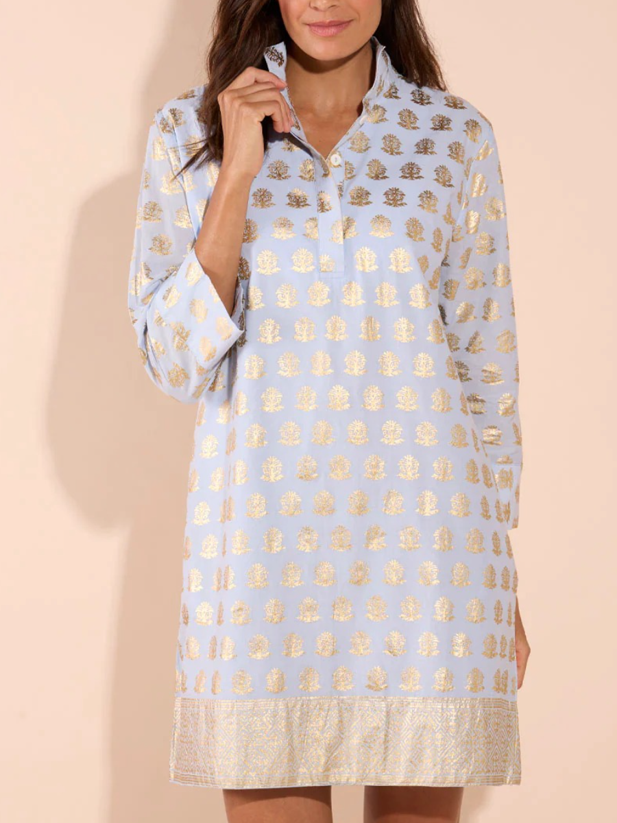 Metallic Elegance | Light Blue Gold Foil Print Tunic Dress