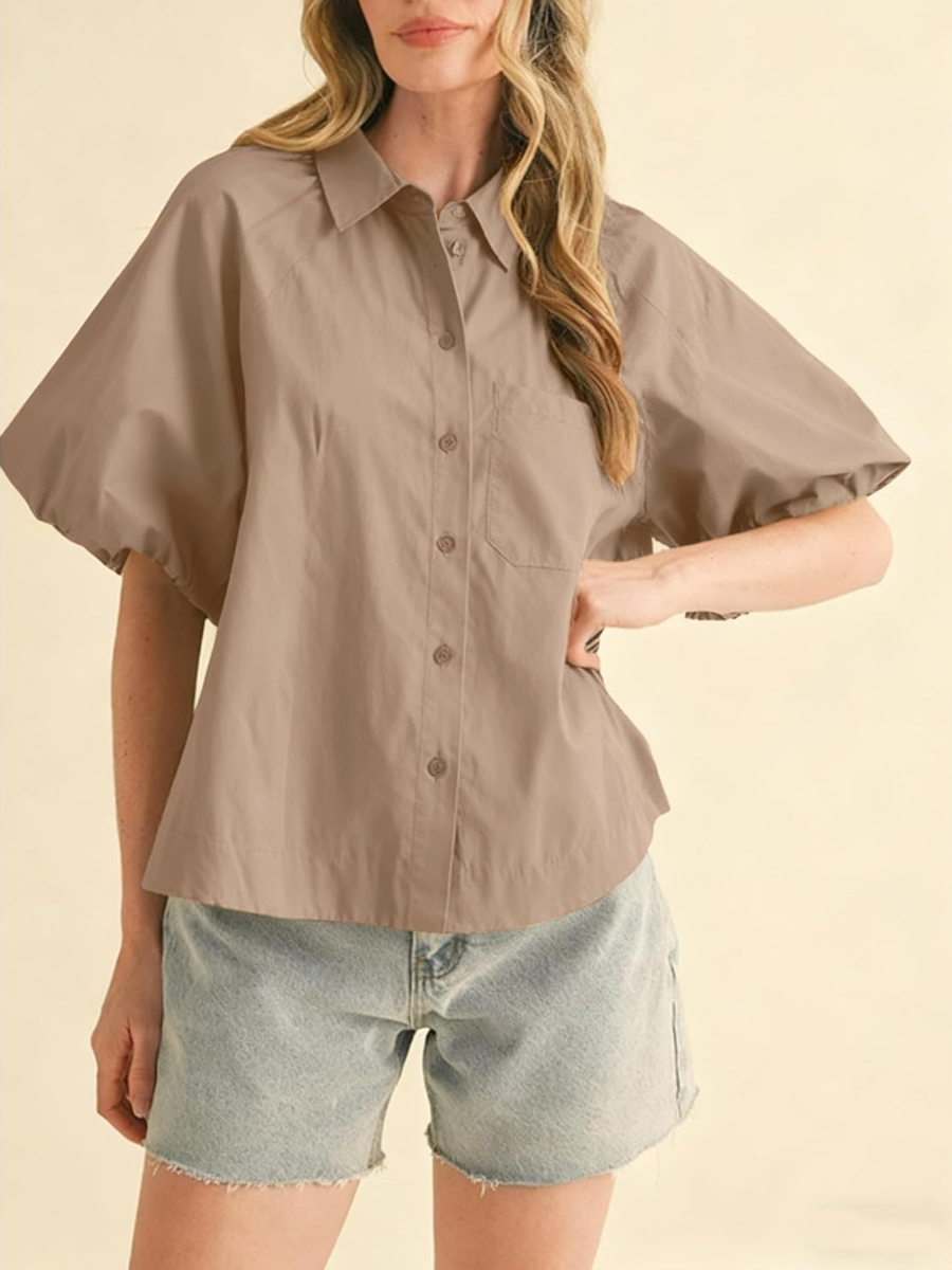 Khaki Puff Sleeve Button-Down Shirt