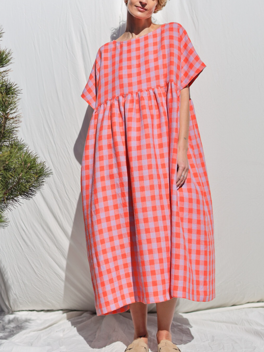 Oversized Red & Pink Gingham Smocked Midi Dress