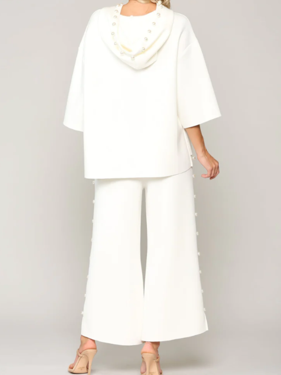 Hooded Pearl-Embellished Pants Suit
