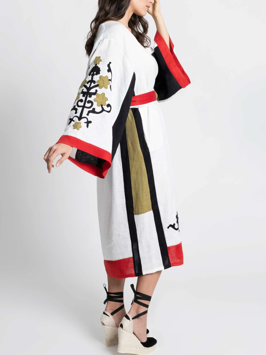 Artisan Heritage | White Linen-Blend Embroidered Kaftan Dress