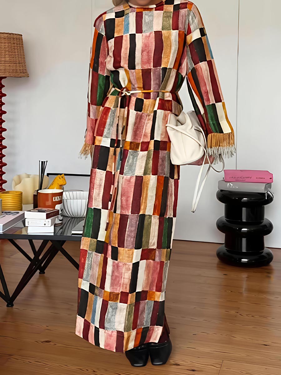 Tassel-Trim Cuff Printed Maxi Dress