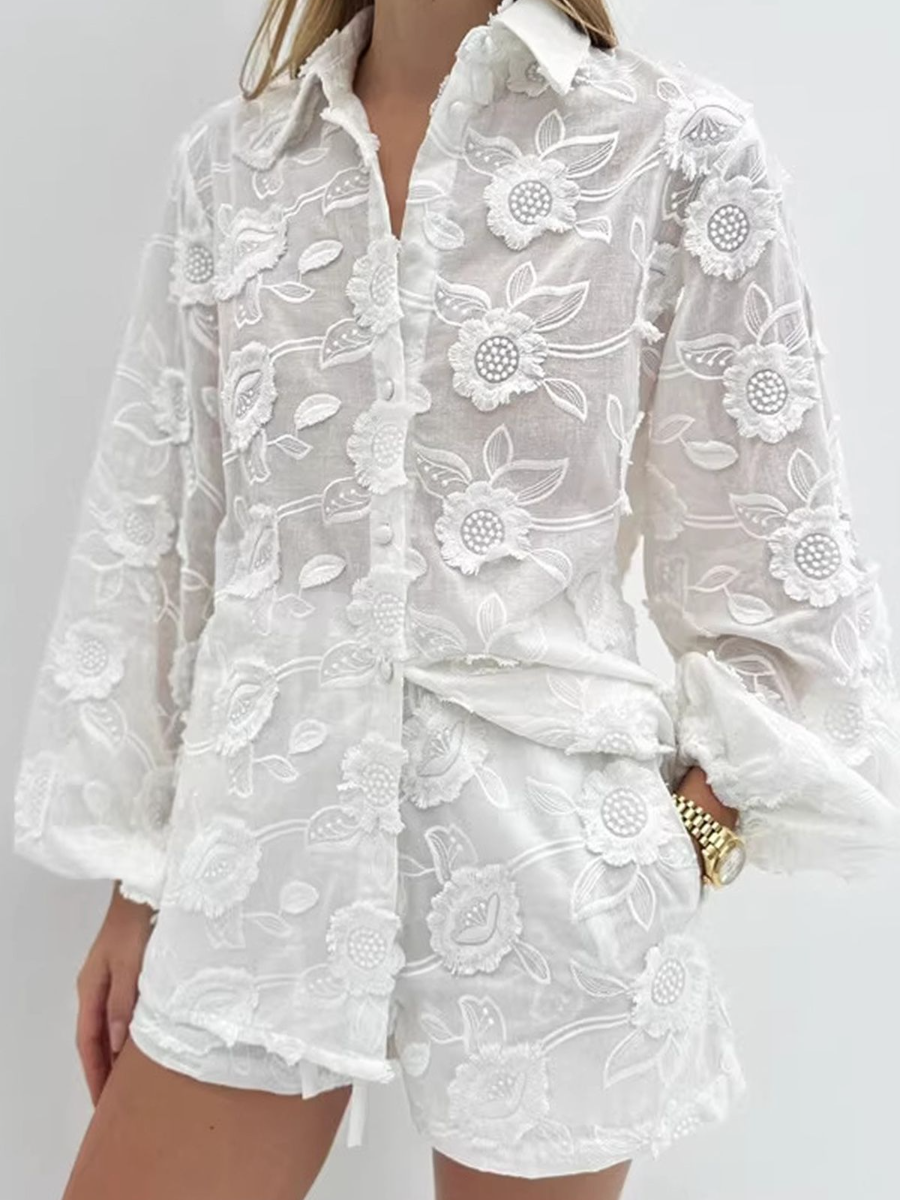 Ethereal Bloom | 3D Floral Embroidered Sheer Shirt & Shorts Set
