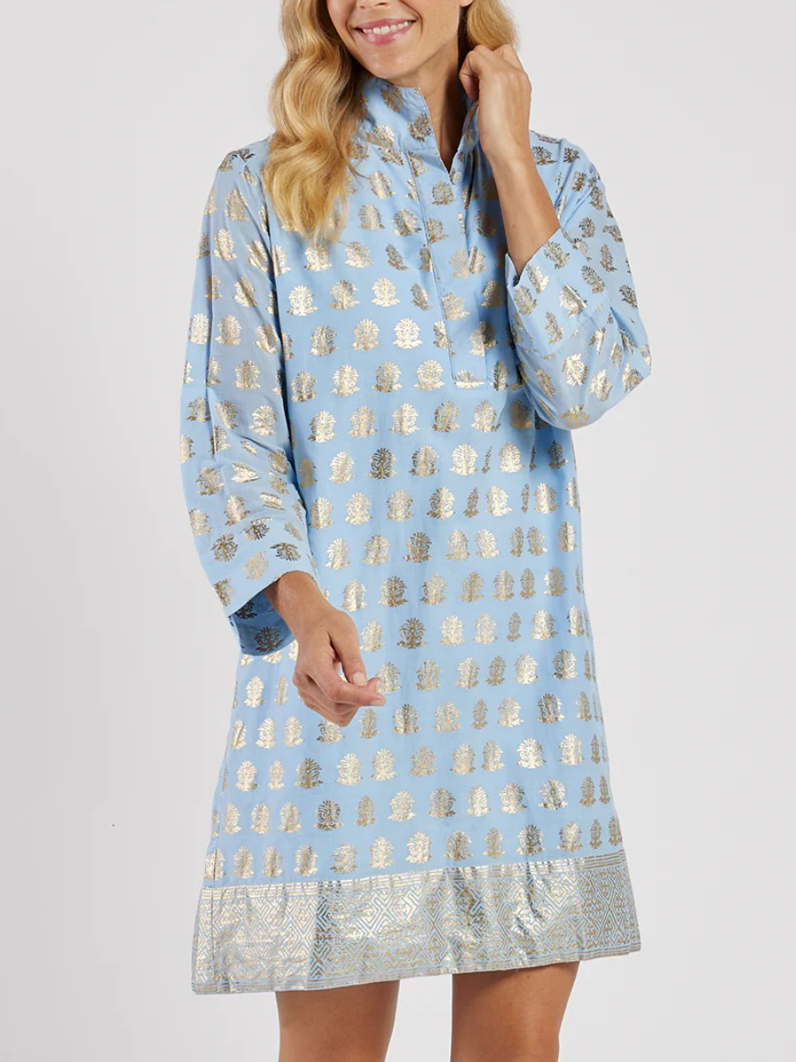 Metallic Elegance | Light Blue Gold Foil Print Tunic Dress