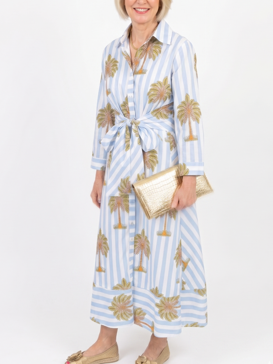 Blue & White Striped Palm Tree Print Tie-Waist Shirt Dress