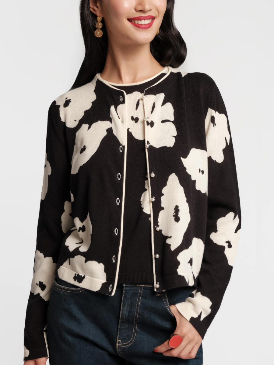 Floral Print Pearl Button Cropped Wool Cardigan