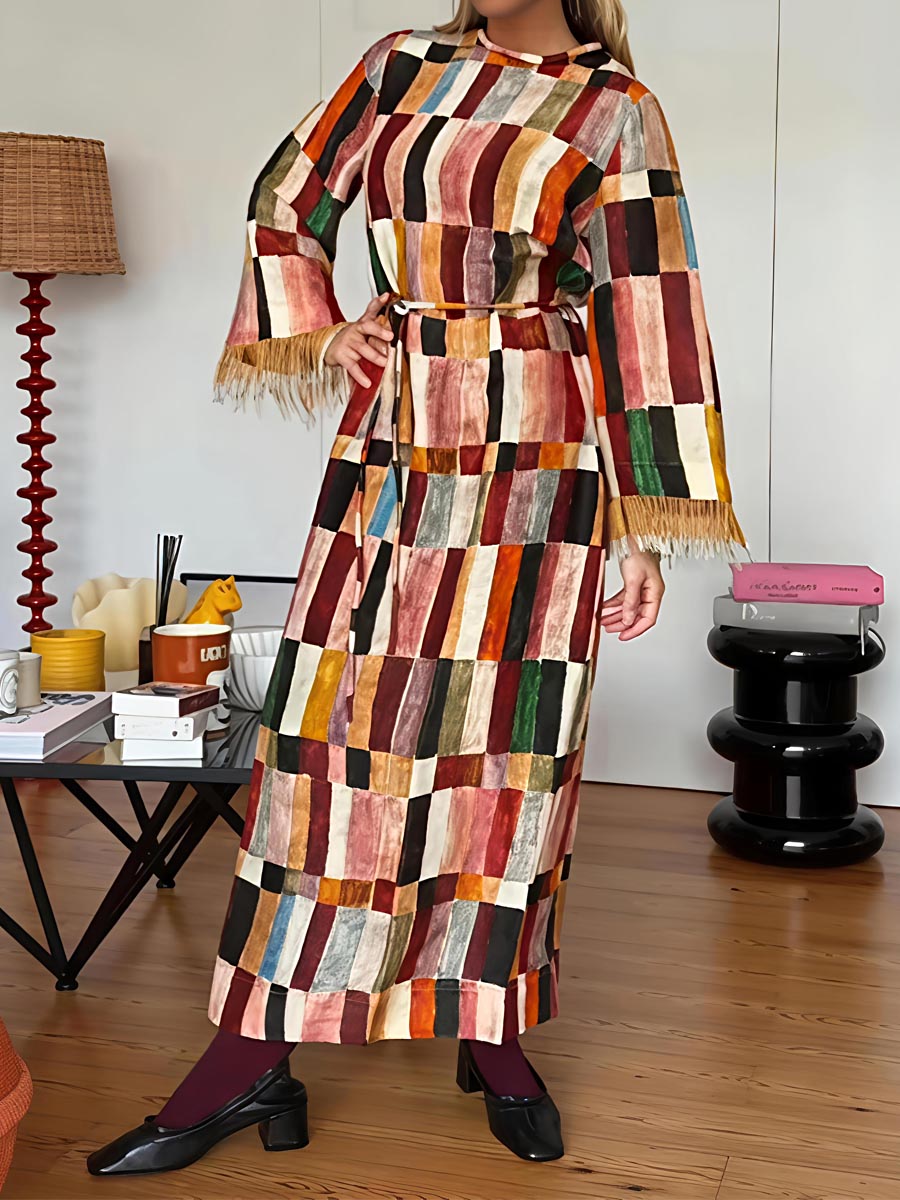 Tassel-Trim Cuff Printed Maxi Dress