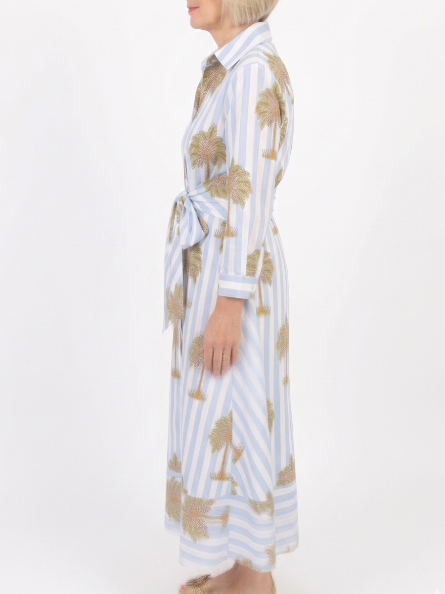 Blue & White Striped Palm Tree Print Tie-Waist Shirt Dress