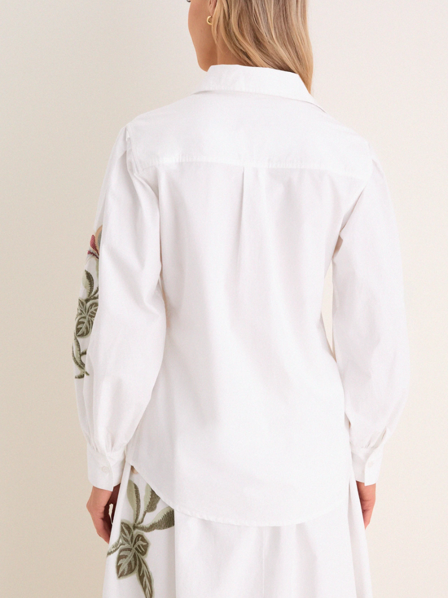 White Botanical Embroidered Two-Piece Set | Puff Sleeve Button-Down & High-Waist Skirt