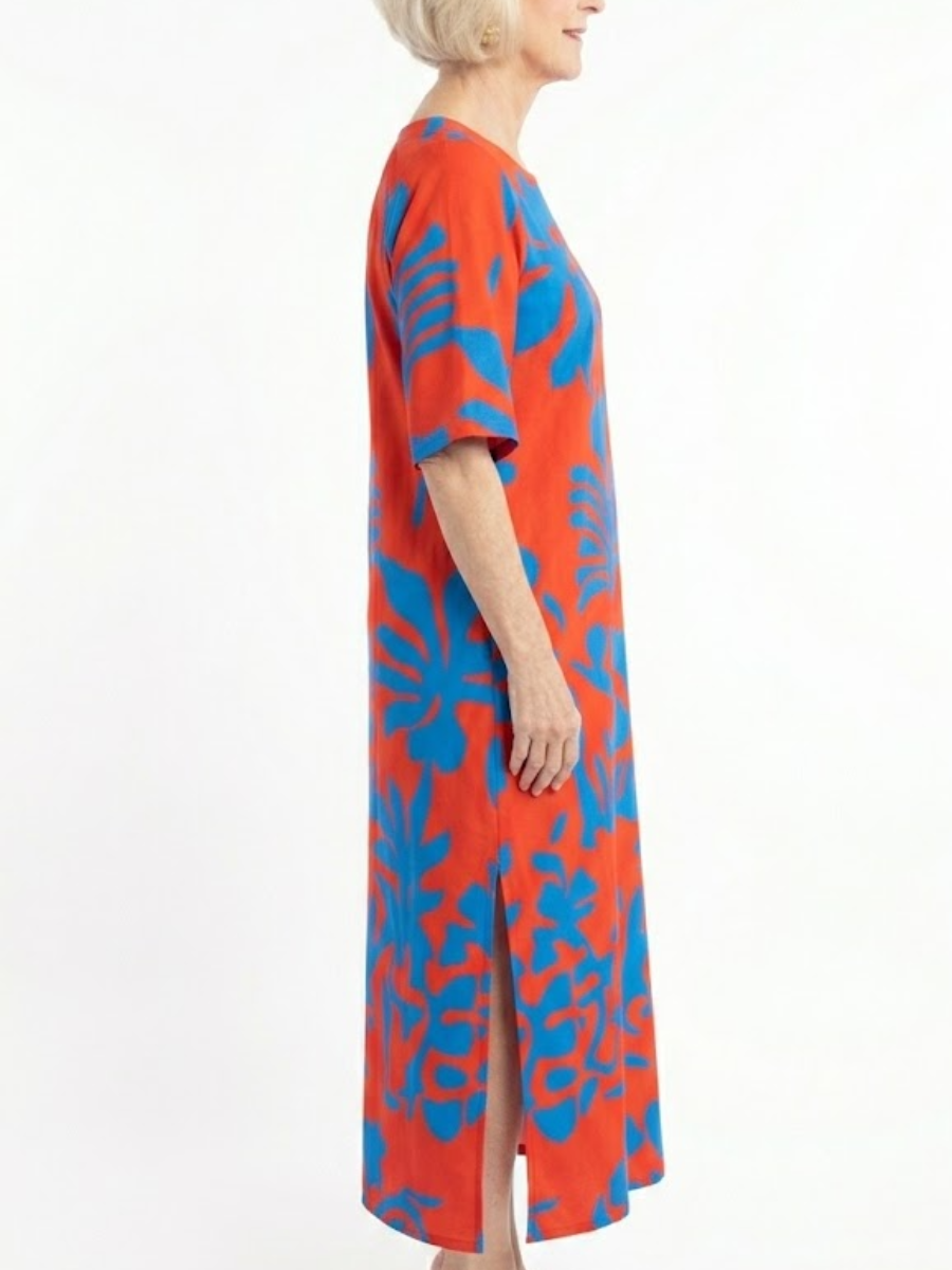 Vibrant Red And Blue Abstract Floral Tunic Maxi Dress With Side Slit