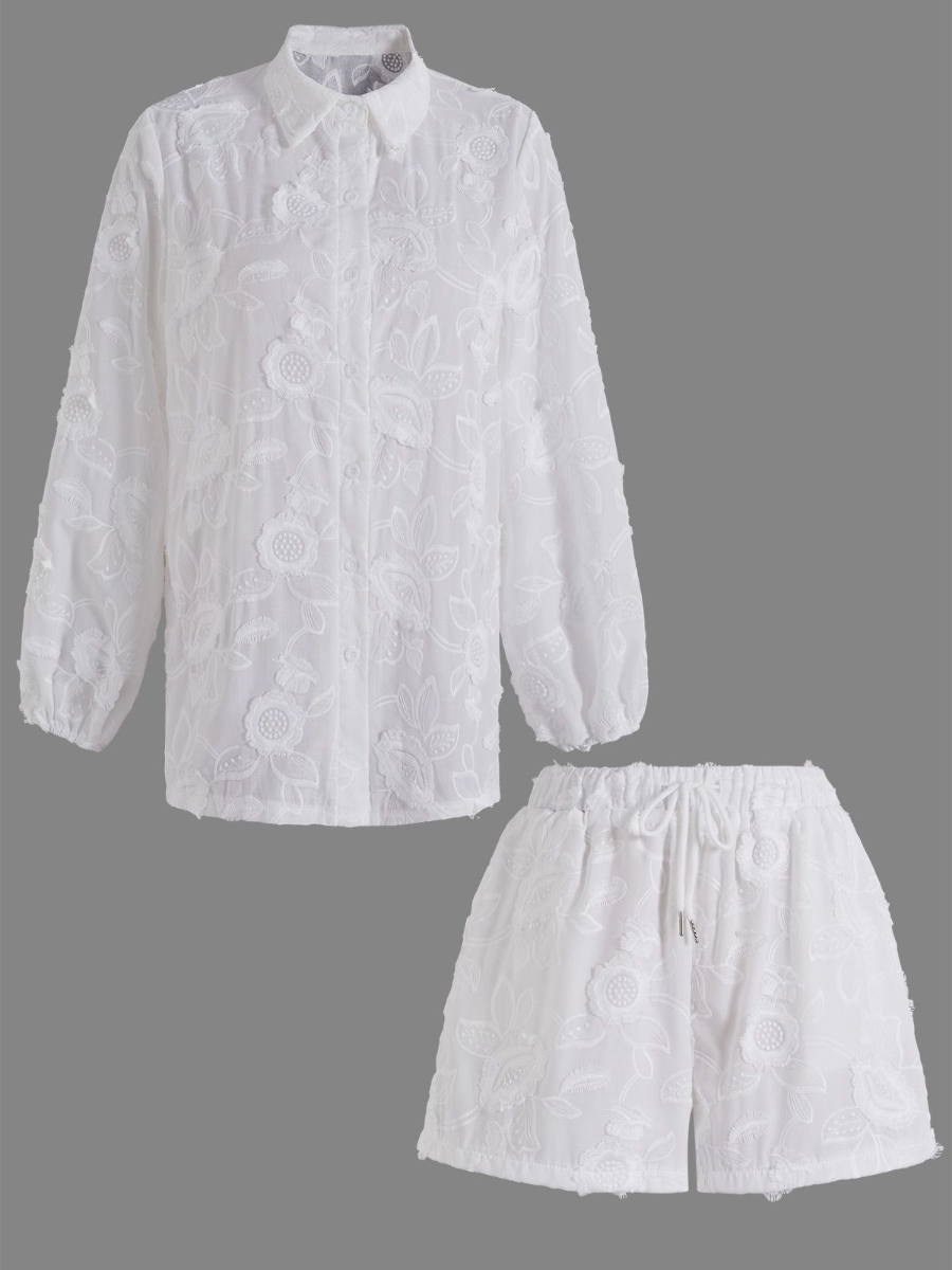 Ethereal Bloom | 3D Floral Embroidered Sheer Shirt & Shorts Set
