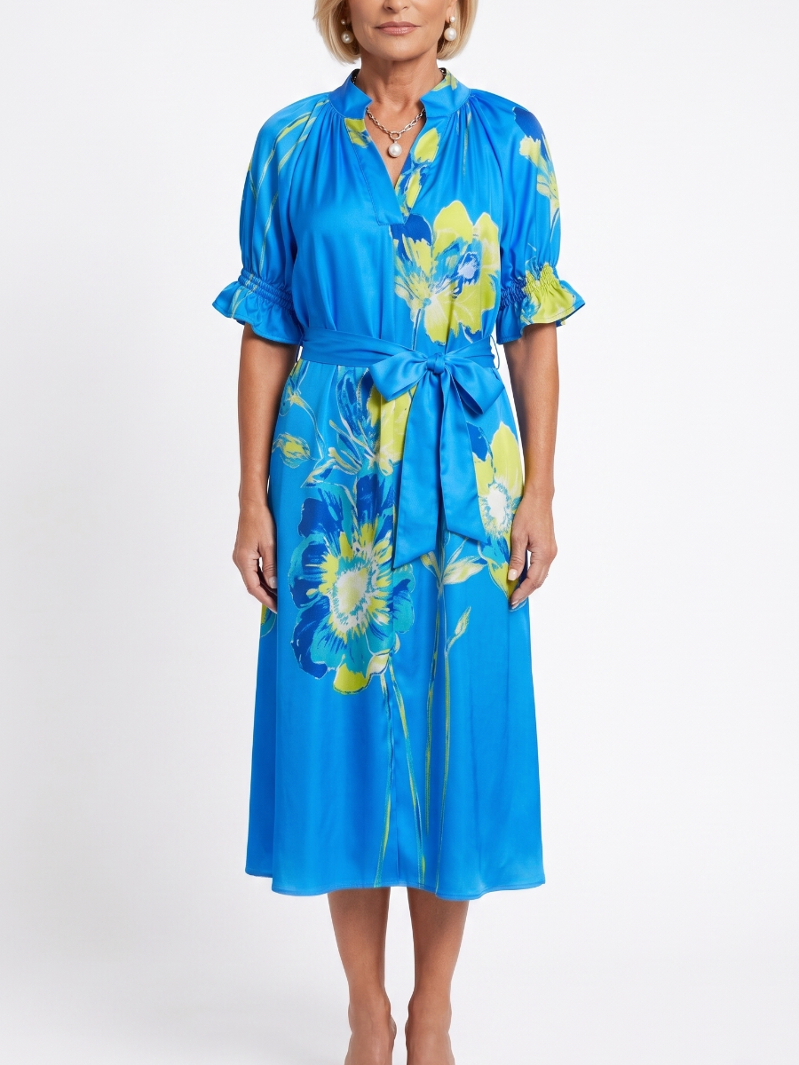Bright Blue Lime Yellow Floral Print Belted Midi Dres