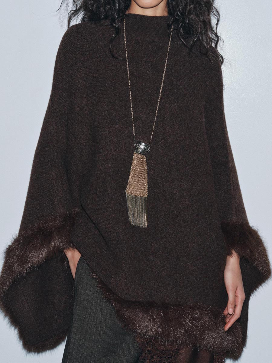 High Neck Faux Fur Knit Poncho Cape