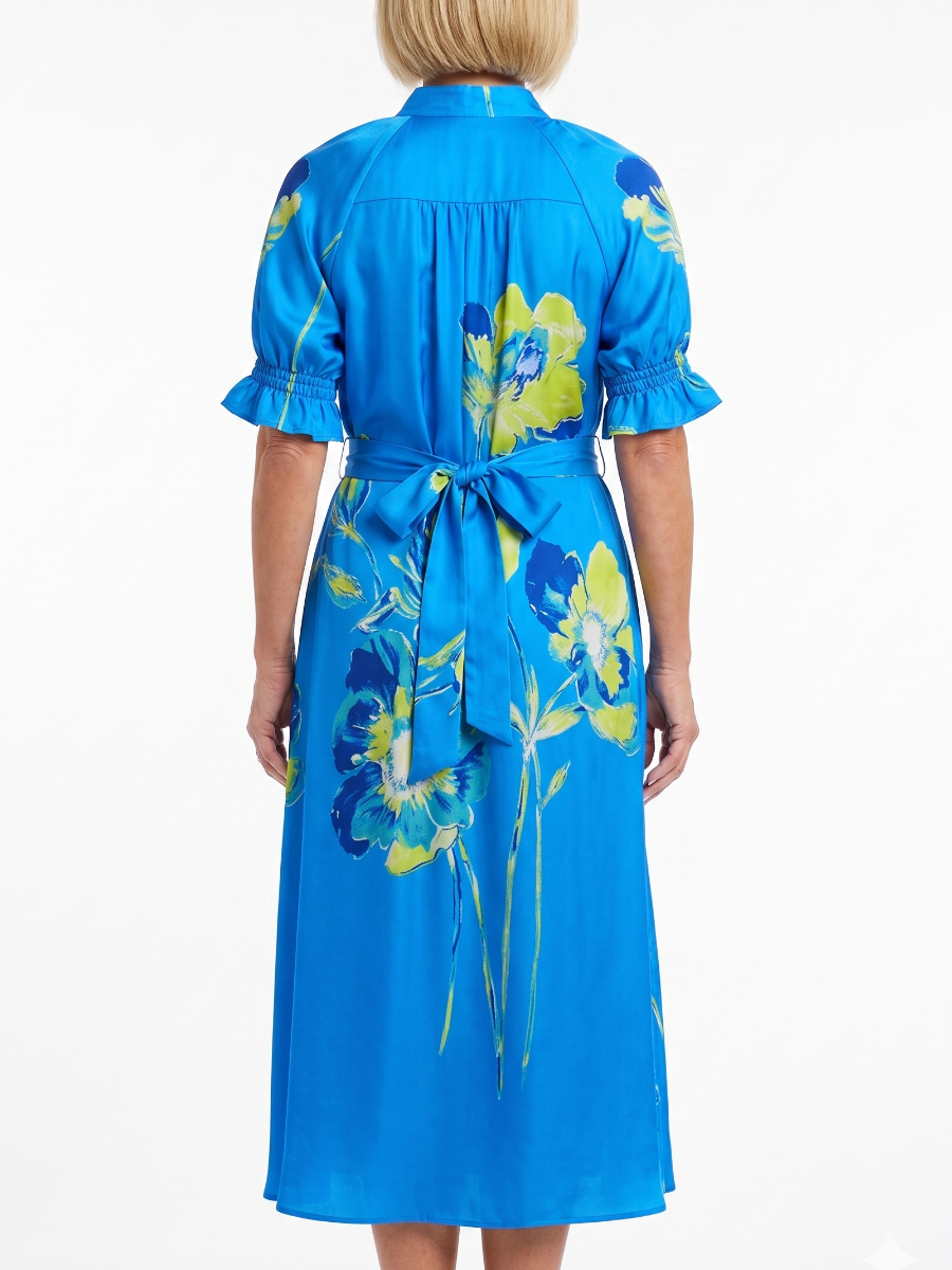 Bright Blue Lime Yellow Floral Print Belted Midi Dres