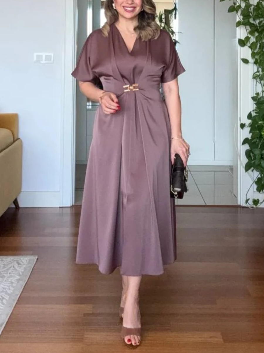 Modern Sophistication | Mauve V-Neck Midi Dress With Gold Buckle