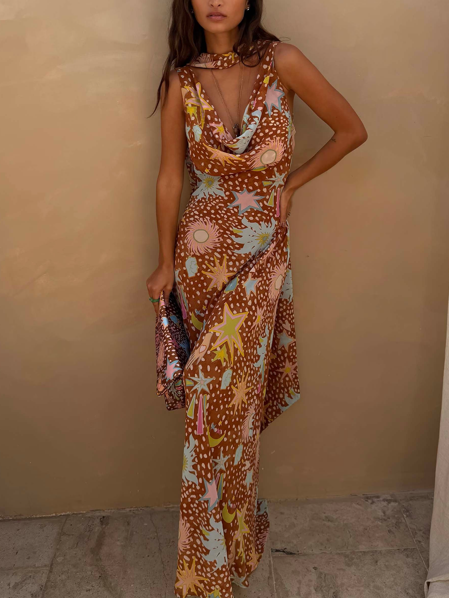 Celestial Starlight Mesh Long Sleeve Maxi Dress