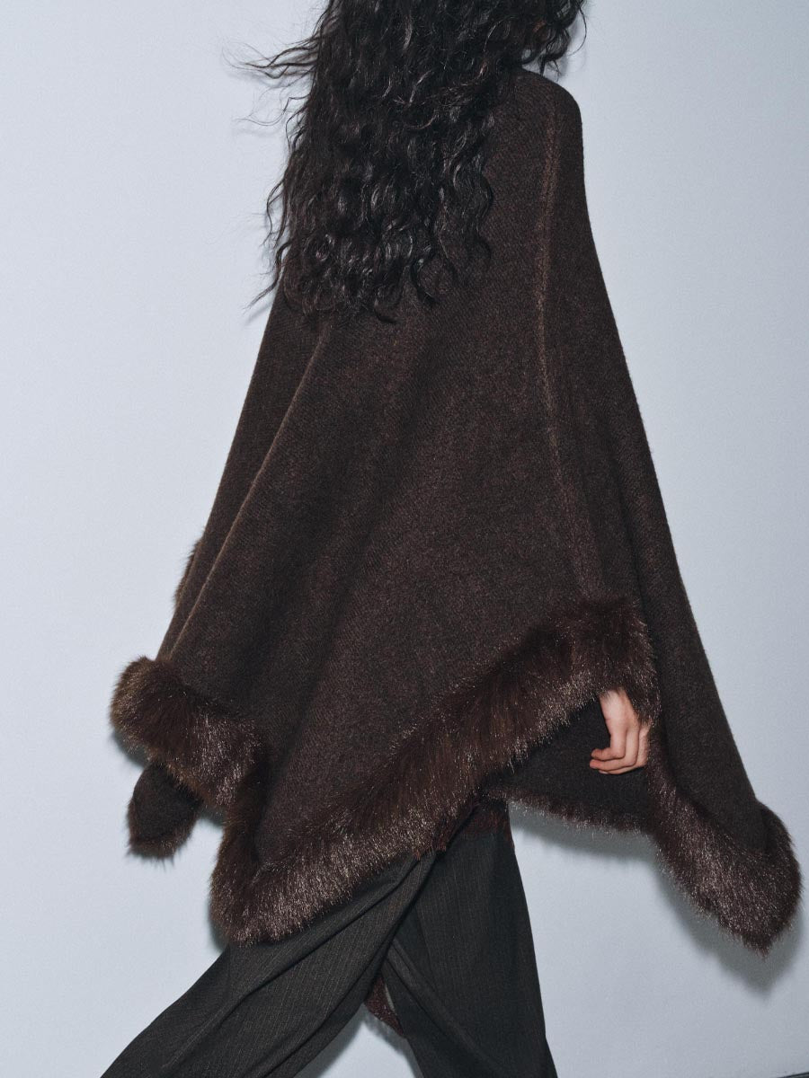 High Neck Faux Fur Knit Poncho Cape