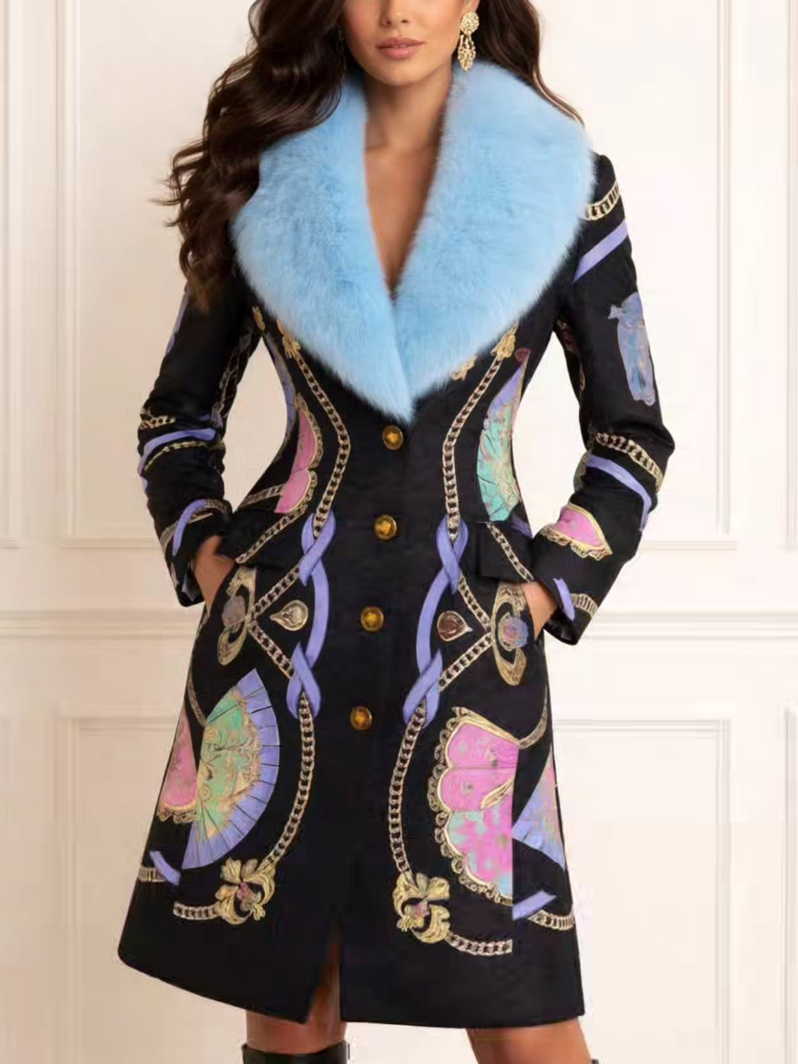 Navy Vintage Print Coat With Sky Blue Faux Fur Collar