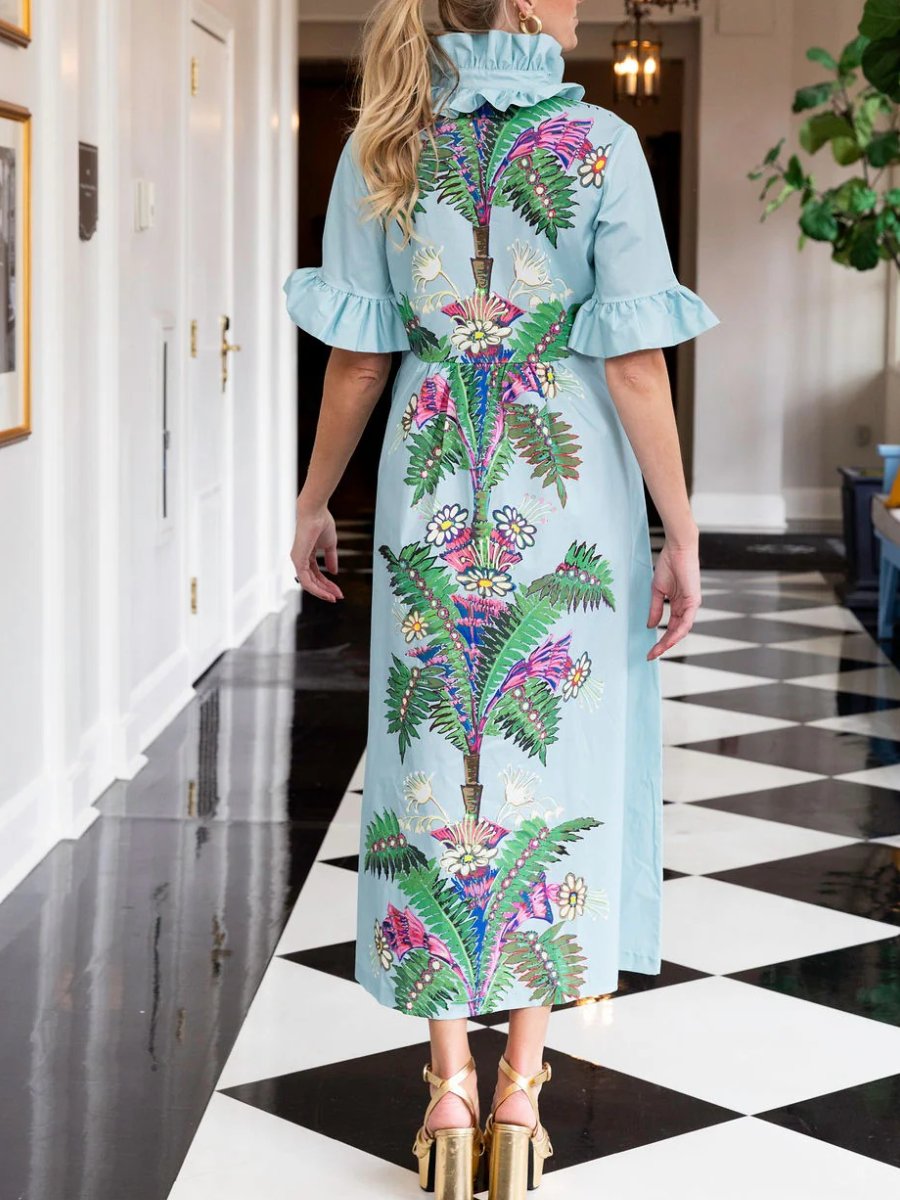Tropical Palm Print Ruffle Collar Midi Dress