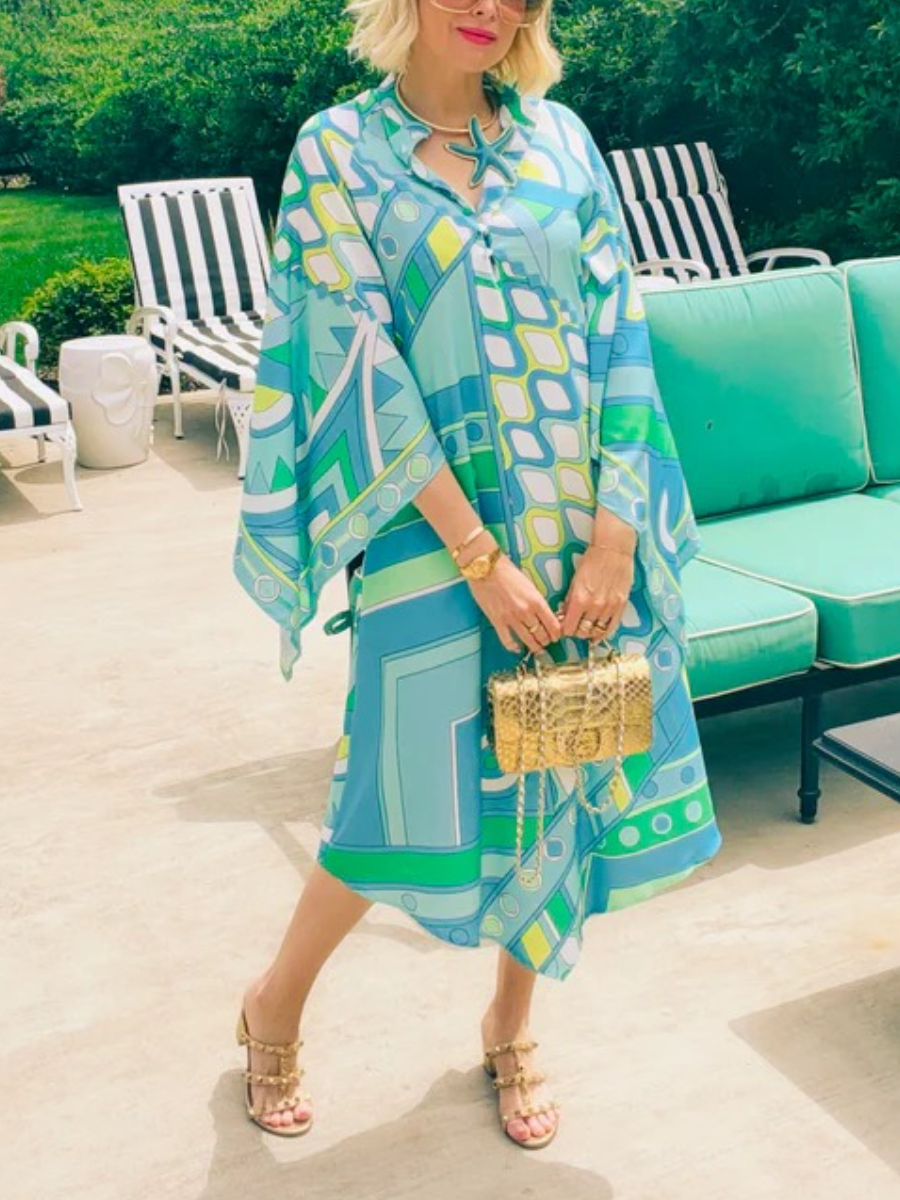 Retro Riviera Geometric Kaftan Maxi Dress