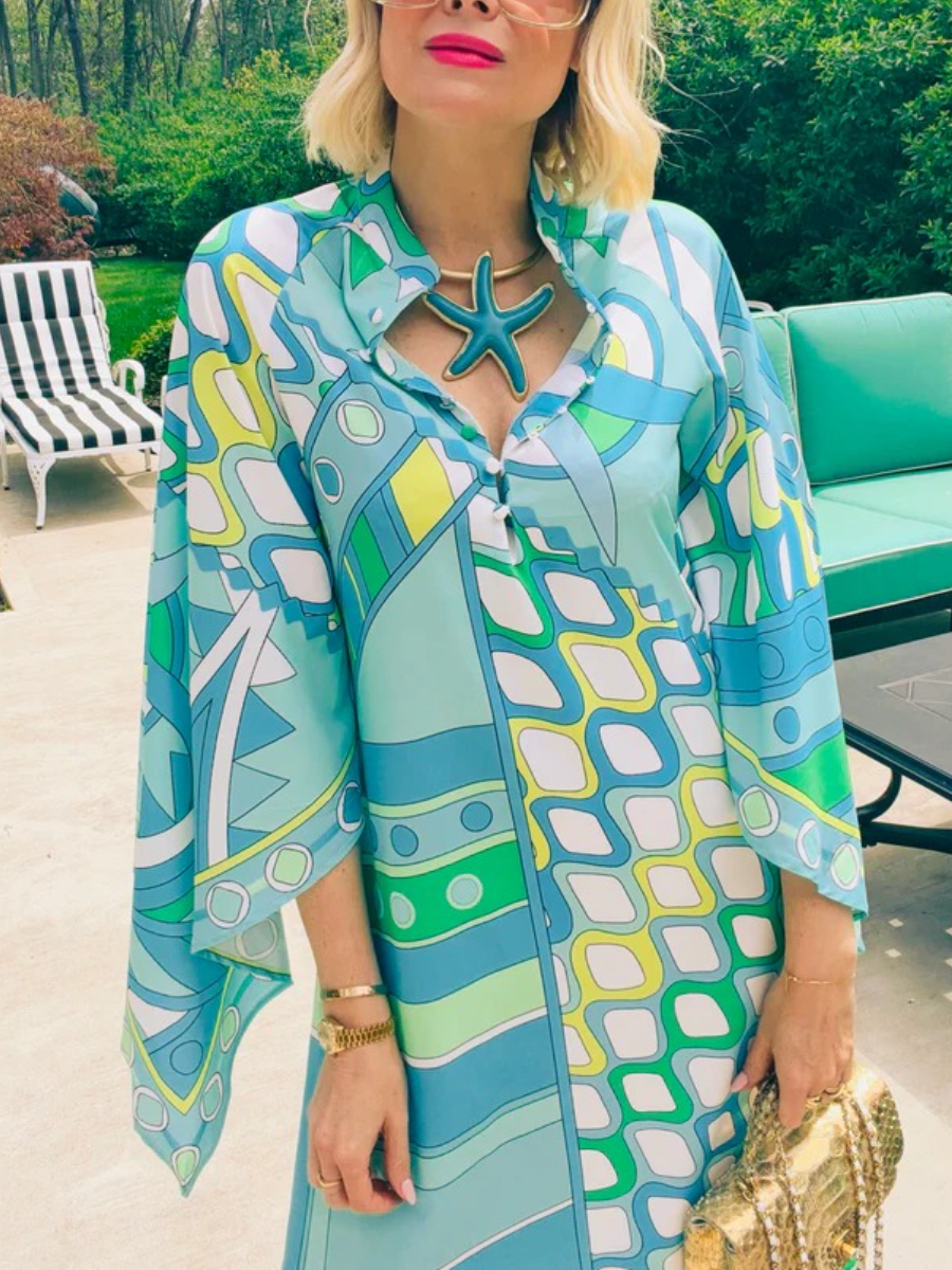 Retro Riviera Geometric Kaftan Maxi Dress