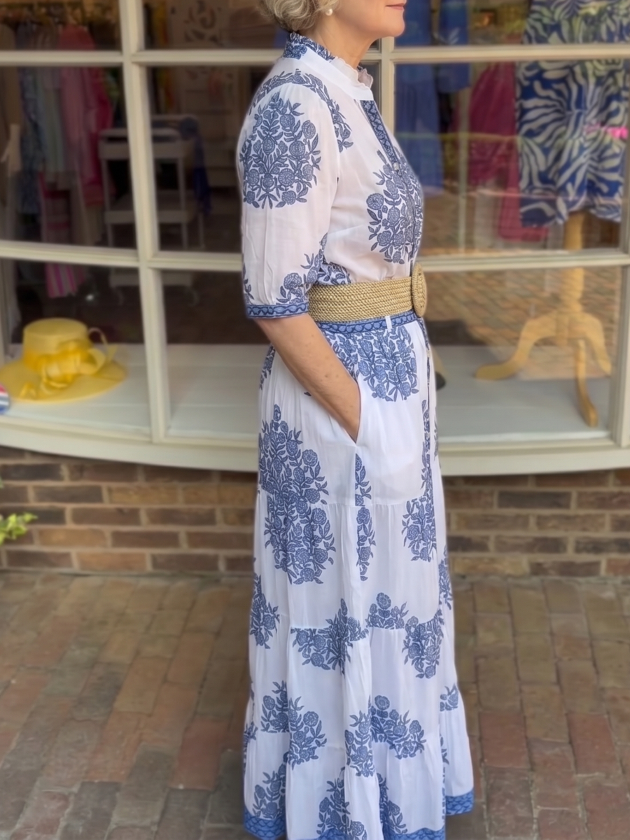 Blue And White Floral Block Print Two-Piece Maxi Skirt Set