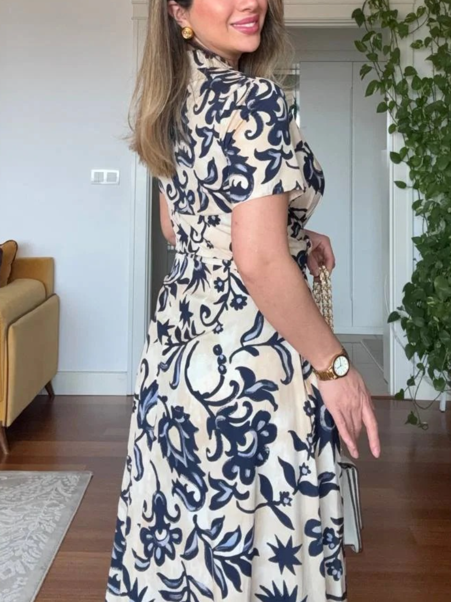 Navy Floral-Print Twisted Front Midi Dress