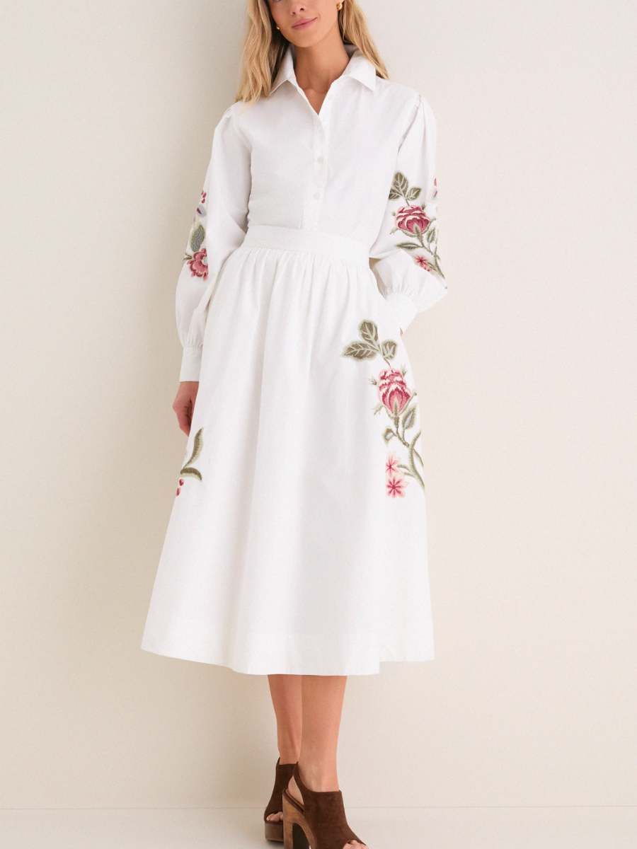 White Botanical Embroidered Two-Piece Set | Puff Sleeve Button-Down & High-Waist Skirt
