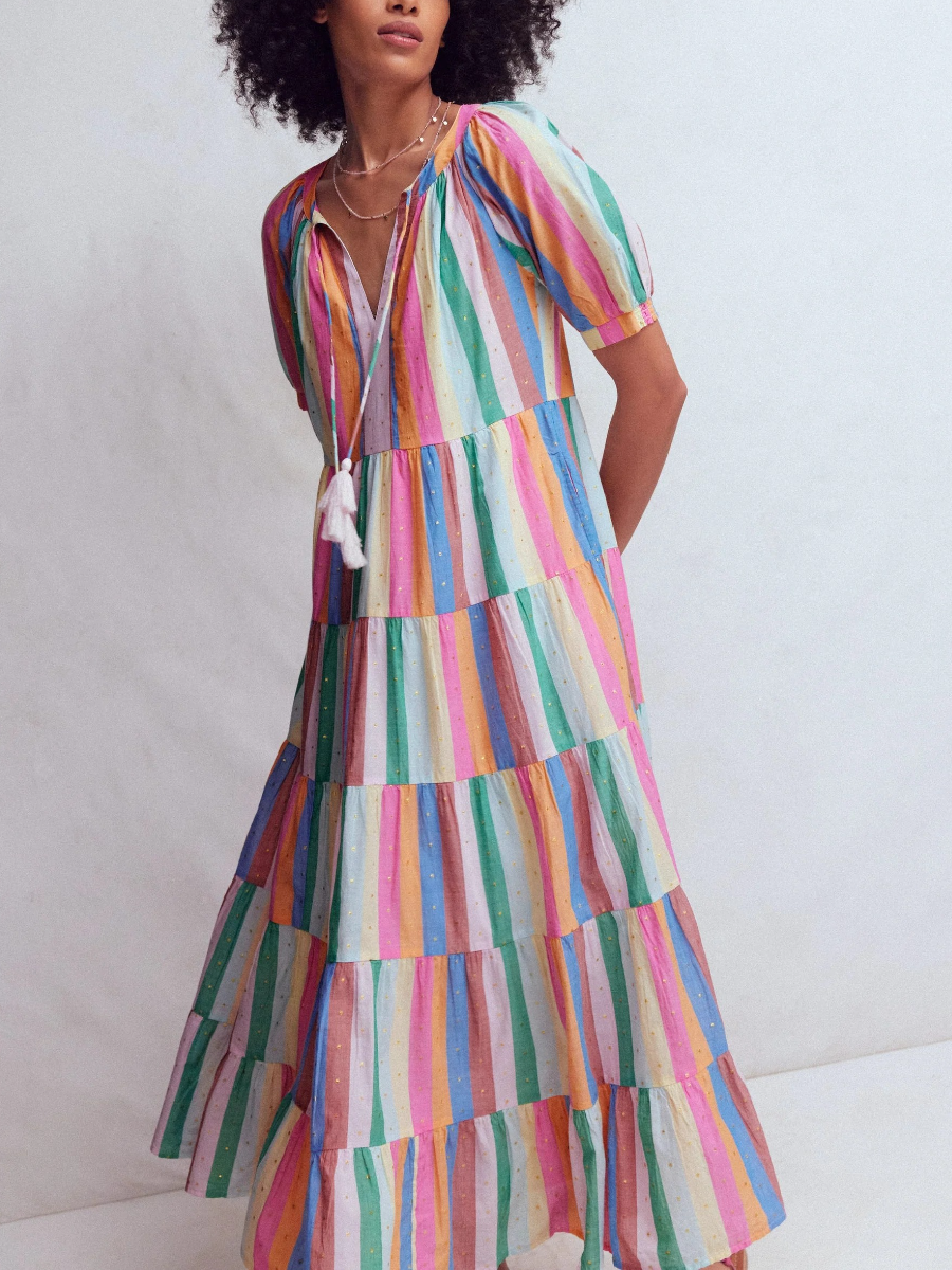 Rainbow Stripe V-Neck Tassel Tie Tiered Maxi Dress