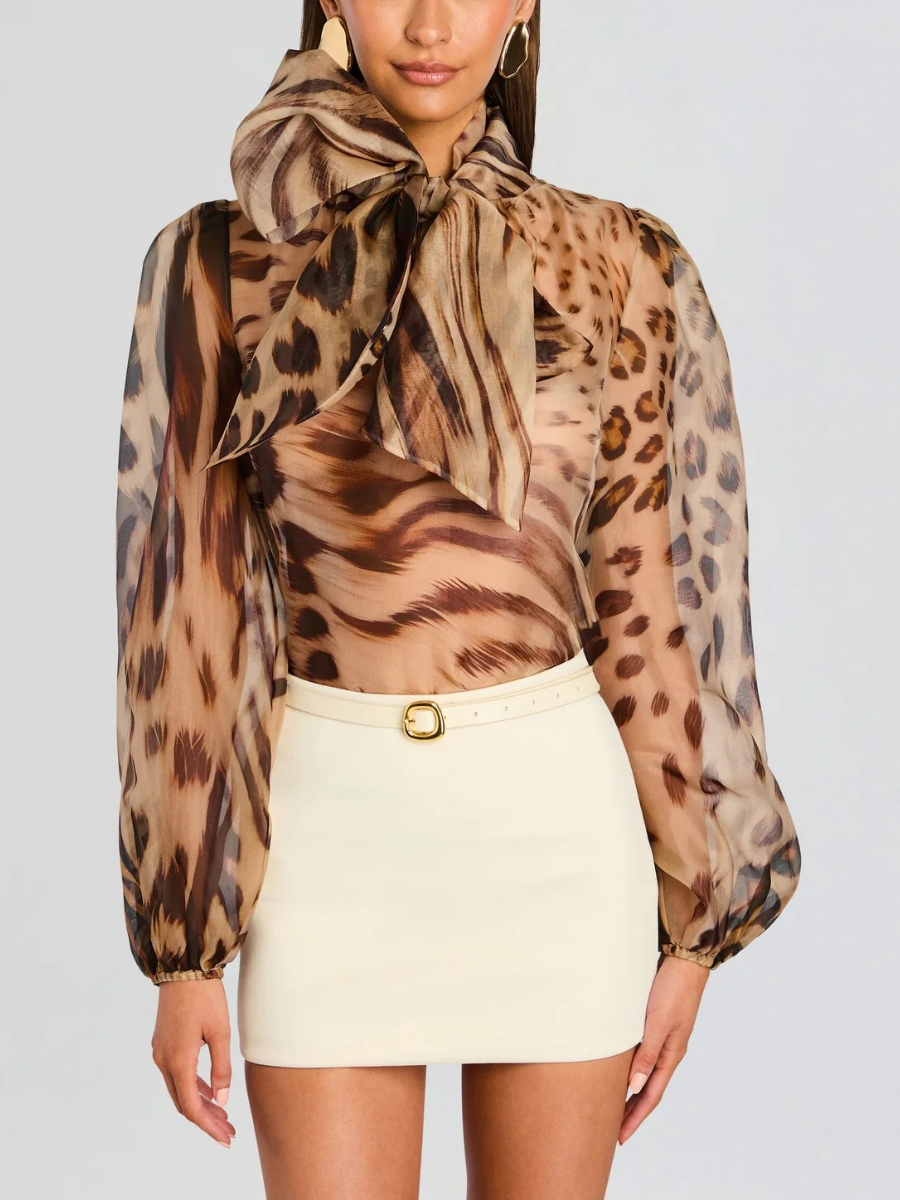 Animal Print Oversized Bow Sheer Puff Sleeve Blouse