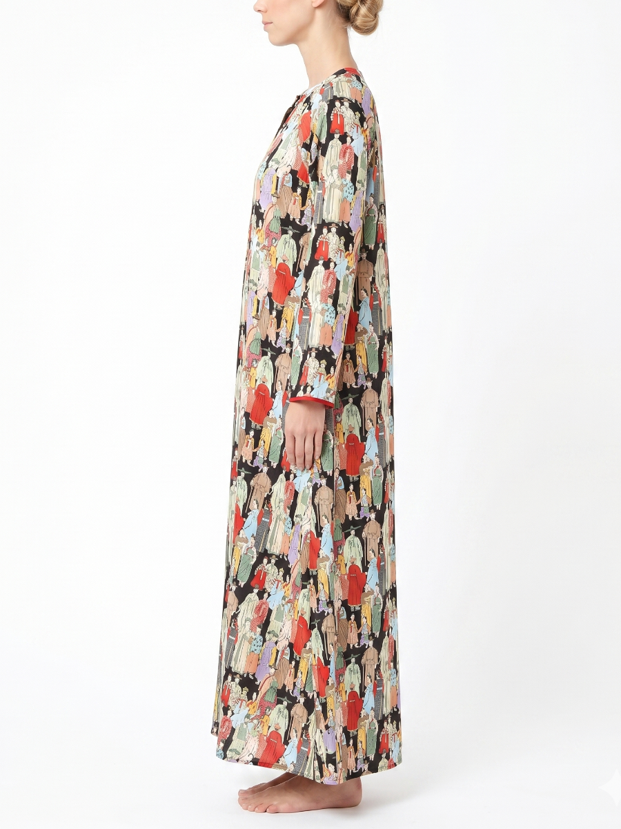 Vintage Hanbok Character Print Long Robe Dress - Black Straight-Cut With Red Piping