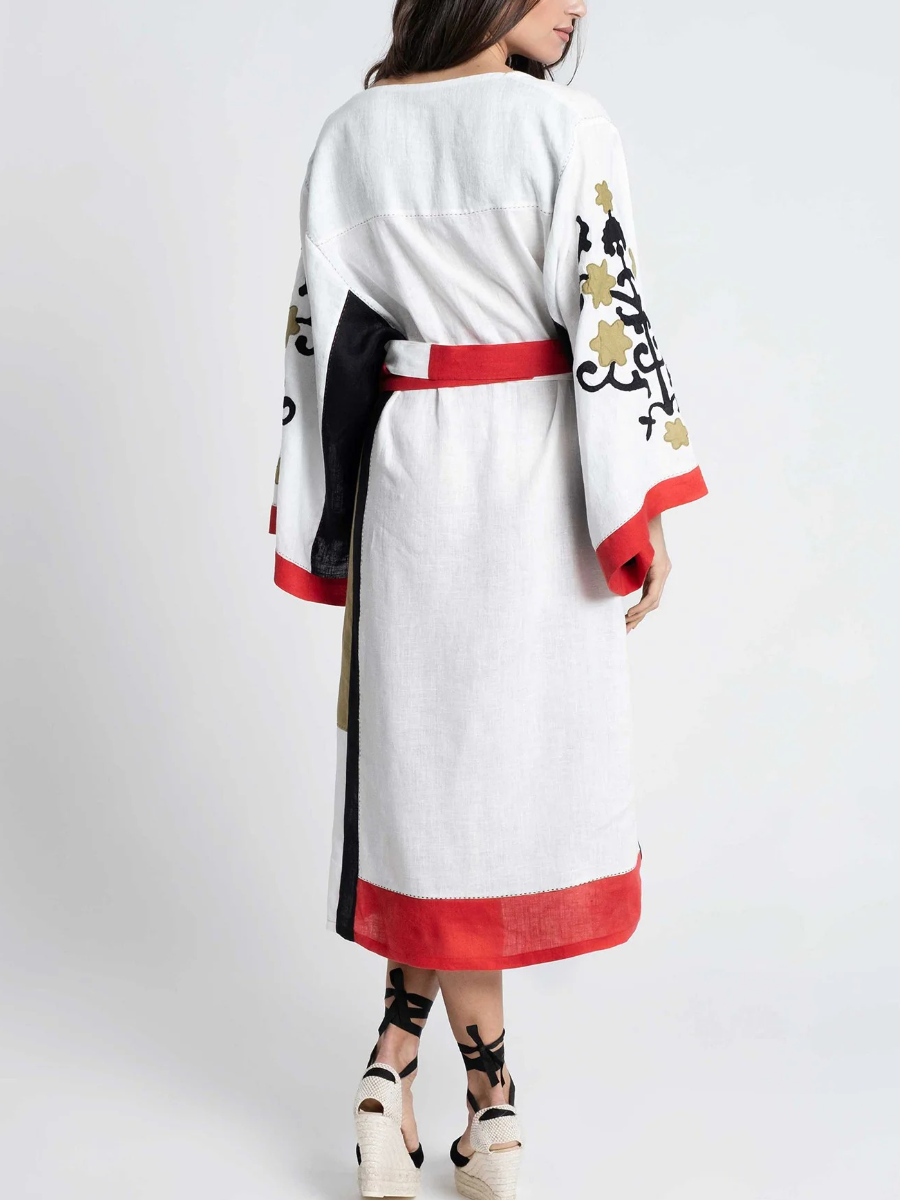 Artisan Heritage | White Linen-Blend Embroidered Kaftan Dress