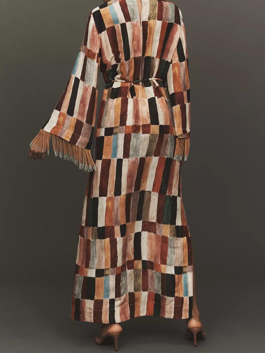 Tassel-Trim Cuff Printed Maxi Dress