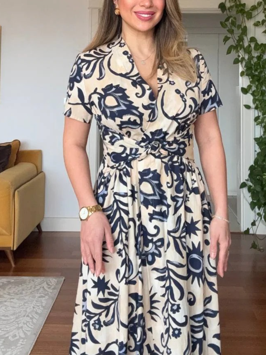 Navy Floral-Print Twisted Front Midi Dress