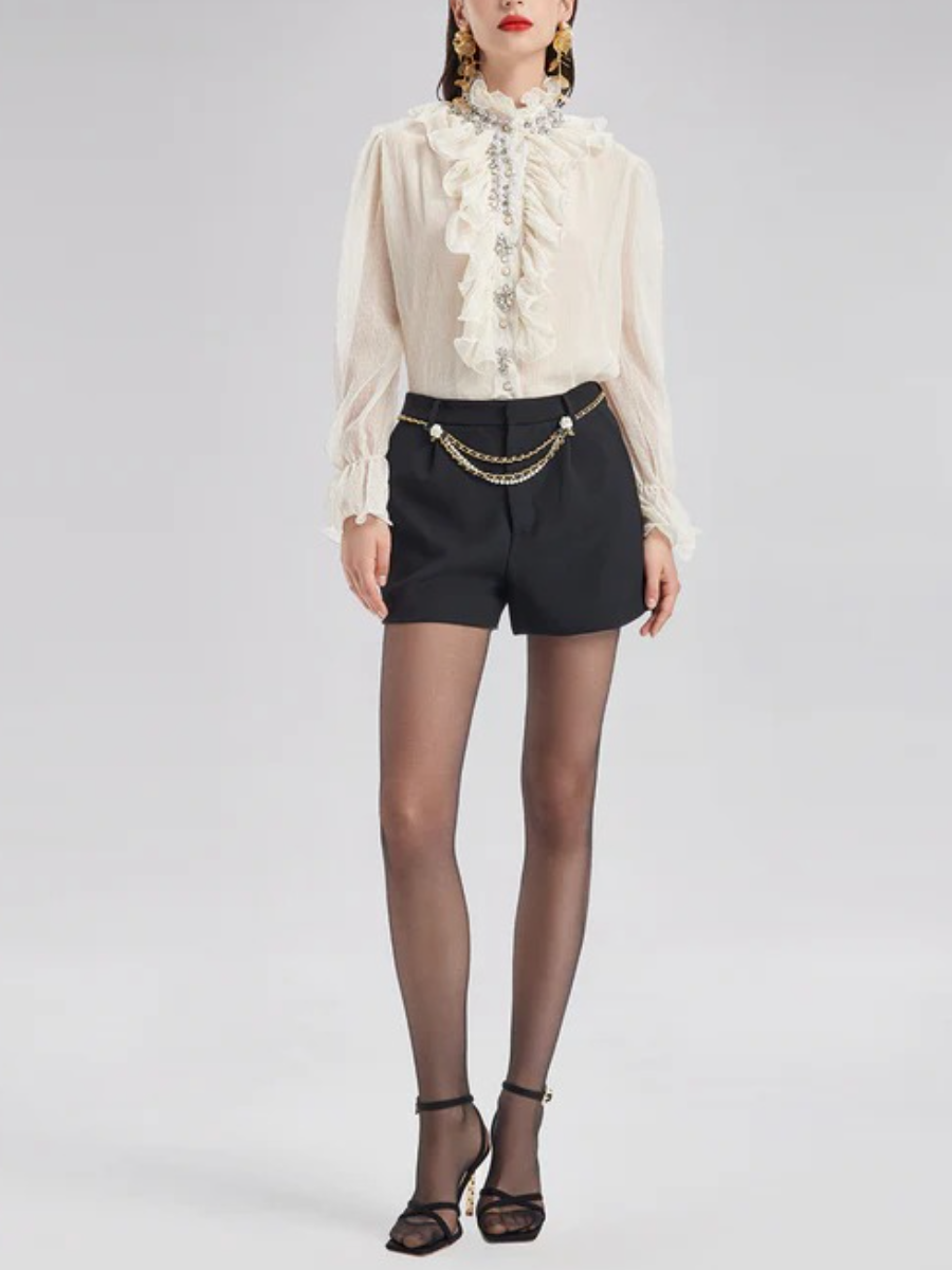 Ruffled Stand Collar Beaded Shirt