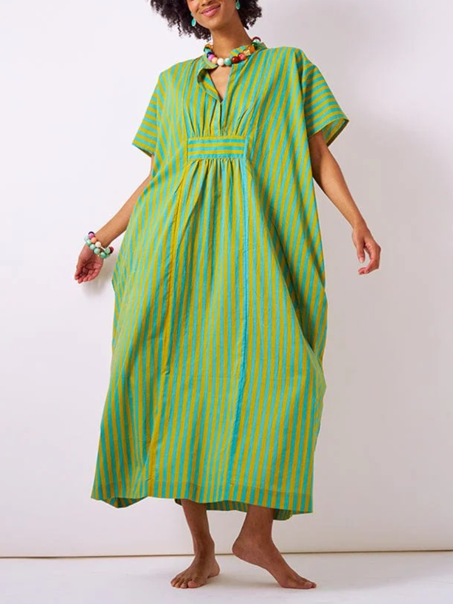 Margot Striped Kaftan Dress In Aqua & Chartreuse