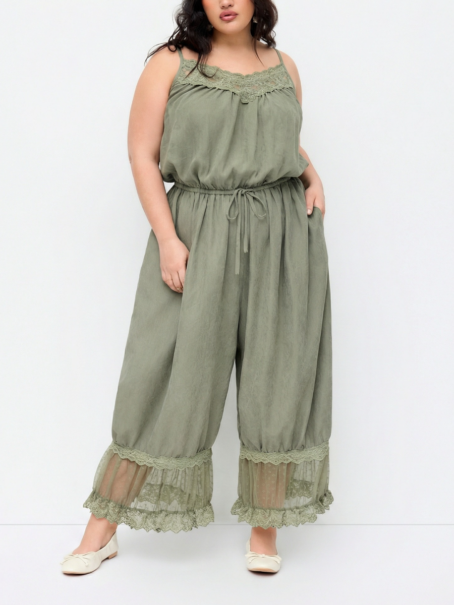 Olive Green Lace Trim Cami And Wide Leg Pants Set
