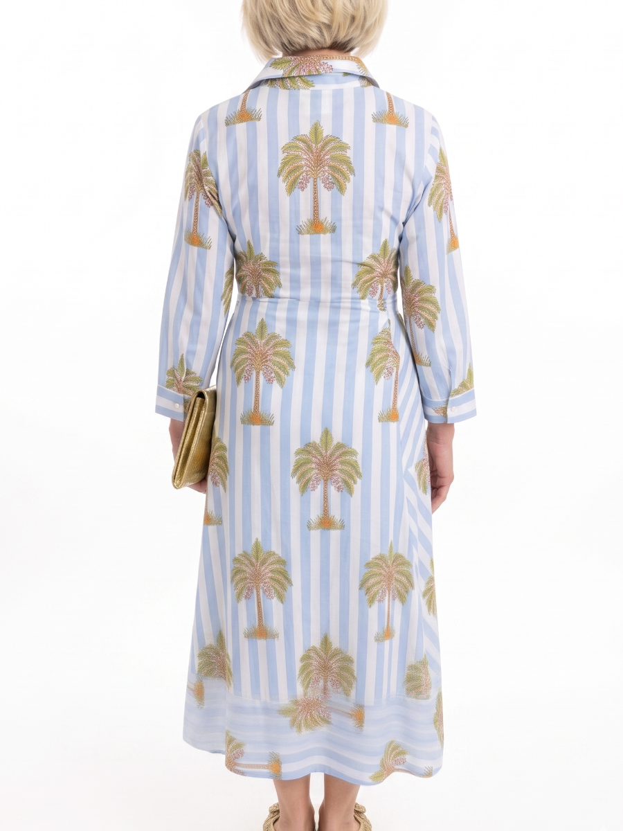 Blue & White Striped Palm Tree Print Tie-Waist Shirt Dress