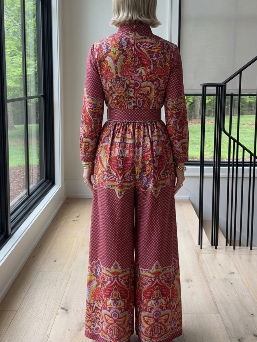 Vintage Paisley Print Long Sleeve Wide-Leg Jumpsuit With Belt