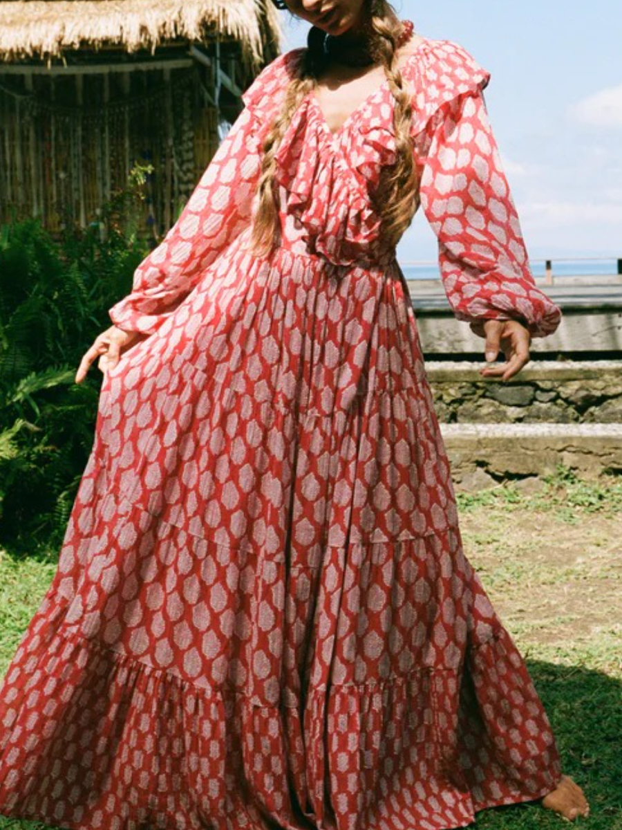 Pari Ruffle Tiered Maxi Dress In Sangria Red