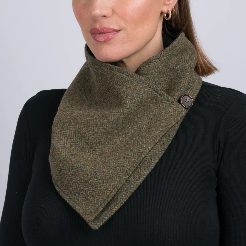 Moss Green Tweed Snood Scarf With Reversible Velvet