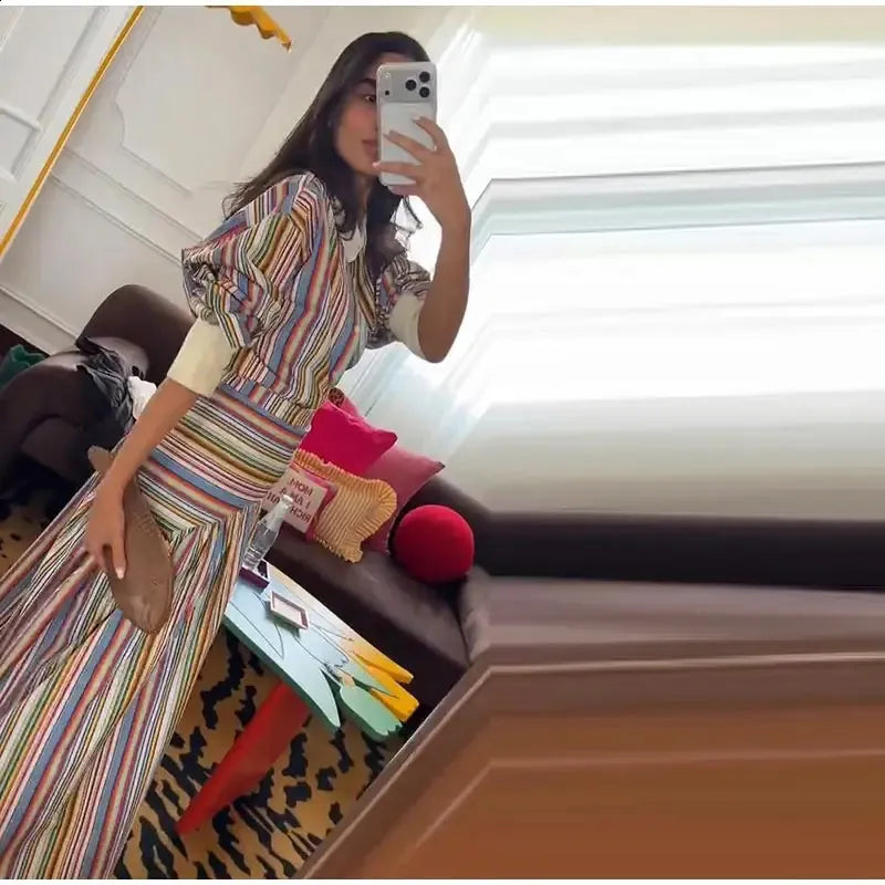 Bohemian-style colorful striped long shirt dress