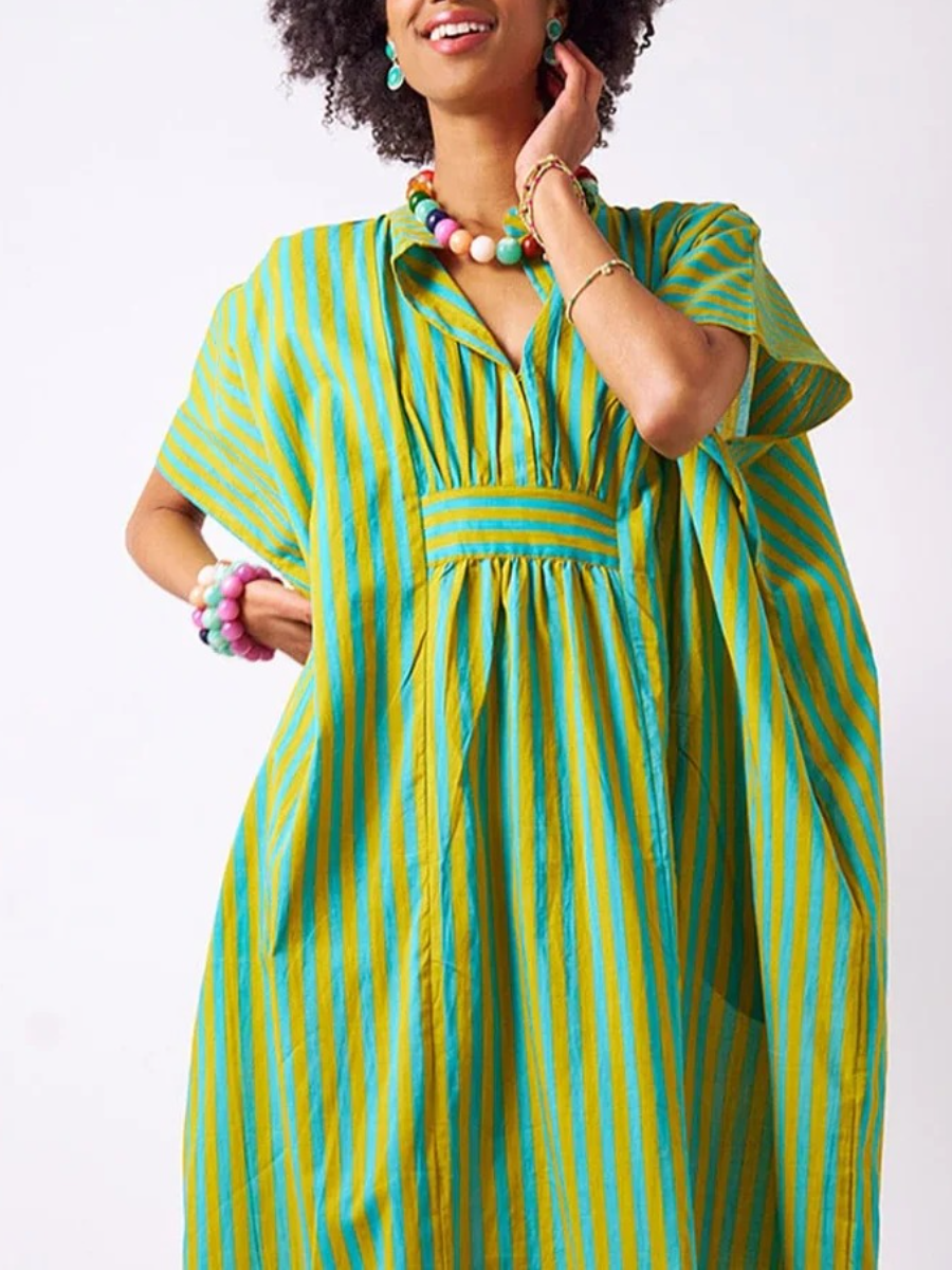 Margot Striped Kaftan Dress In Aqua & Chartreuse