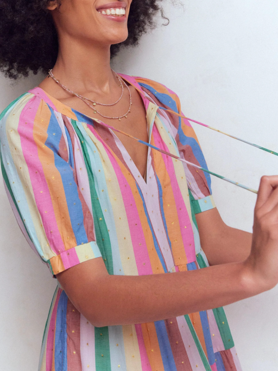 Rainbow Stripe V-Neck Tassel Tie Tiered Maxi Dress