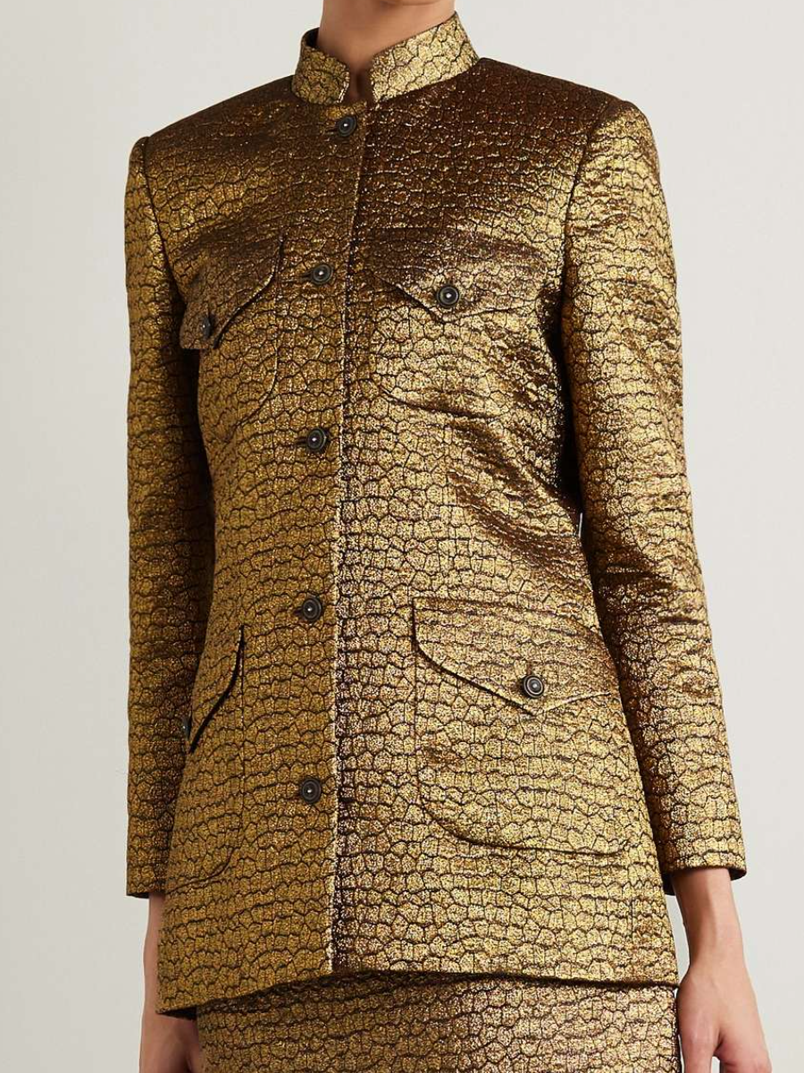 Jacquard Stand Collar Gold Coat