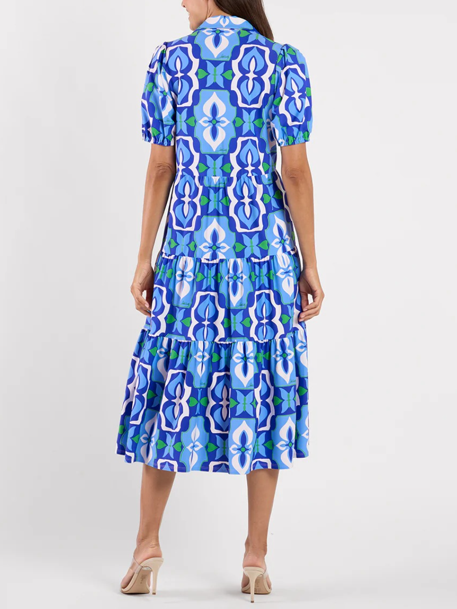 Cobalt Blue Geometric Tile Tiered Midi Dress